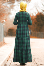 Fırfırlı Ekoseli Yeşil Tesettür Elbise 8373Y - Thumbnail