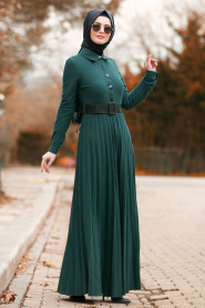 Düğmeli Kemerli Yeşil Tesettür Elbise 8396Y - Thumbnail