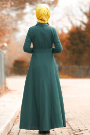 Düğmeli Kemerli Yeşil Tesettür Elbise 8409Y - Thumbnail