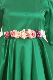 Çiçek Kemerli Yeşil Tesettür Abiye Elbise 3514Y - Thumbnail