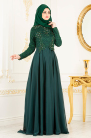 Boncuk Detaylı Yeşil Tesettürlü Abiye Elbise 36791Y - Thumbnail