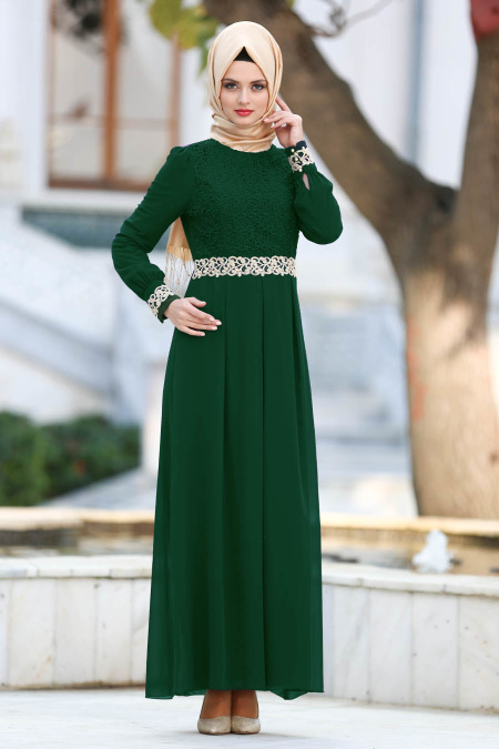 Neva Style - Green Hijab Evening Dress 51983-01Y