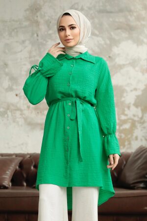 Green Islamic Clothing Shirt 11261Y - 2