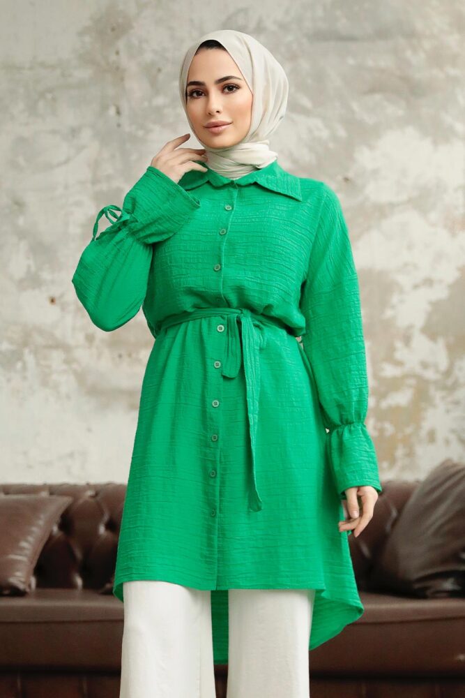 Green Islamic Clothing Shirt 11261Y - 2