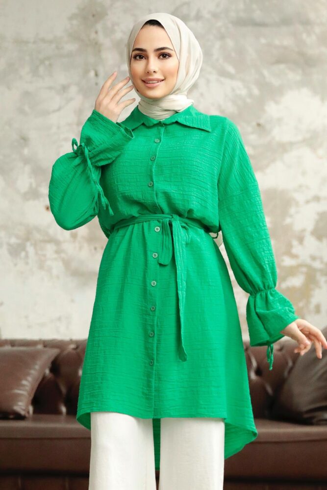 Green Islamic Clothing Shirt 11261Y - 1