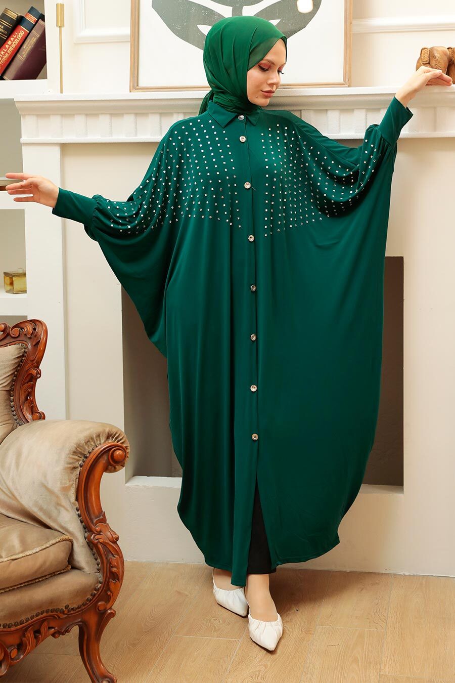 Neva Style - Green Islamic Clothing Turkish Abaya 17410Y