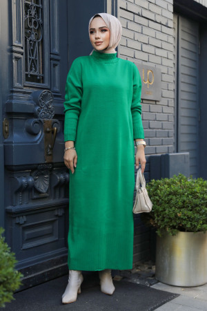 Neva Style - Green Long Dress for Muslim Ladies Knitwear Dress 3409Y - 1