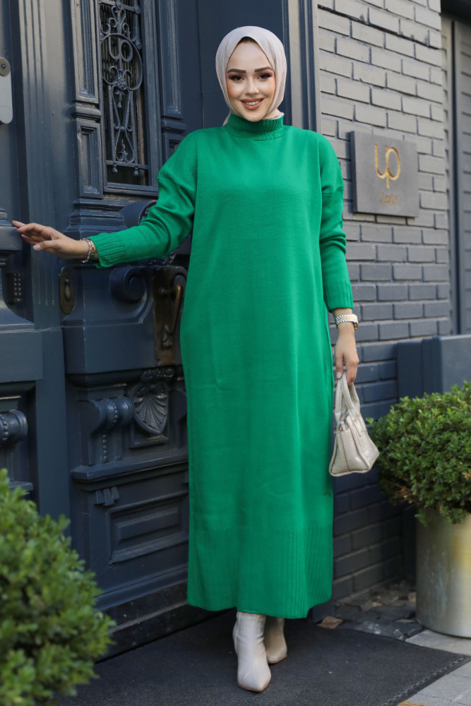 Neva Style - Green Long Dress for Muslim Ladies Knitwear Dress 3409Y - 2