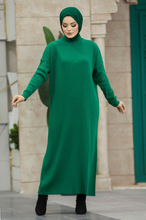Green Long Muslim Knitwear Dress 33671Y - 1