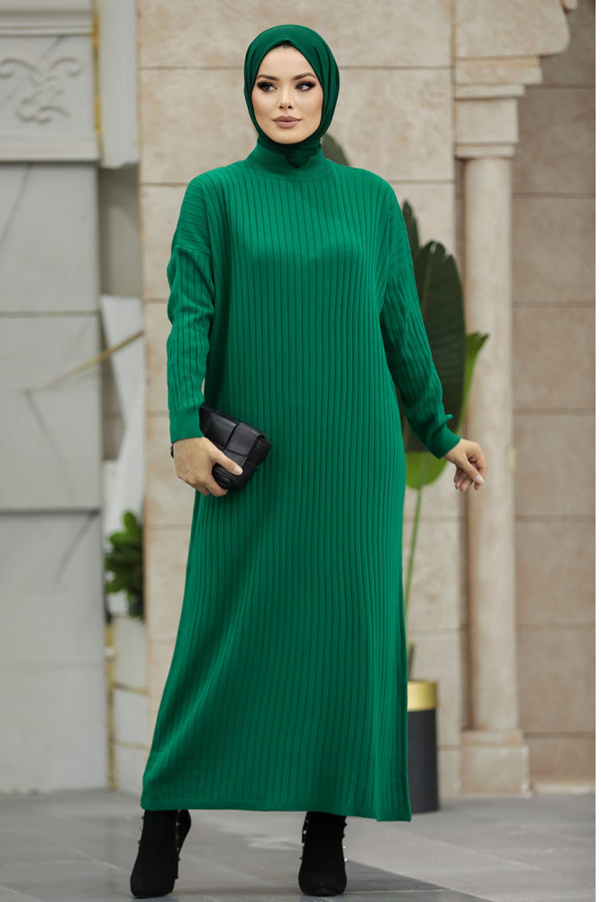 Green Long Muslim Knitwear Dress 33671Y - 2