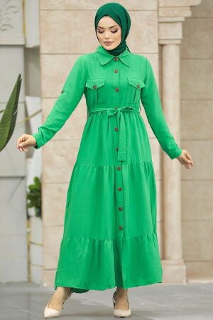 Neva Style - Green Long Sleeve Dress 40971Y - Thumbnail