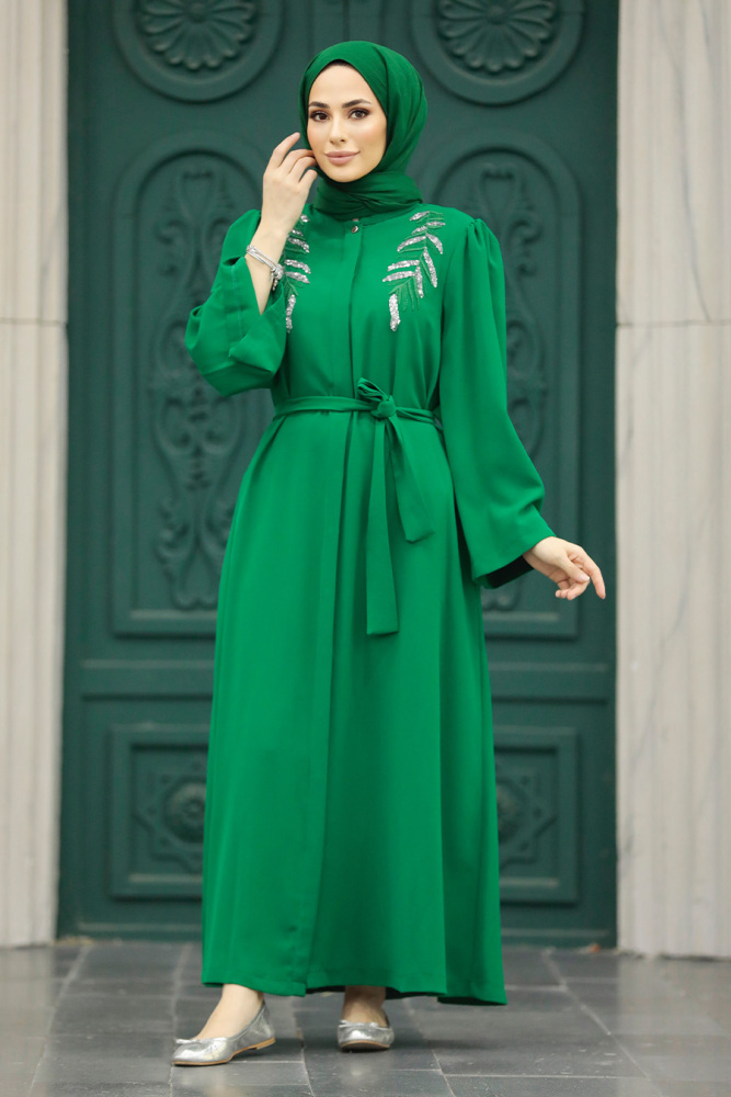 Green Long Sleeve Turkısh Abaya 8980Y - 2