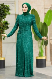 Neva Style - Green Muslim Long Sleeve Dress 39471Y - Thumbnail