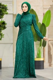 Neva Style - Green Muslim Long Sleeve Dress 39471Y - Thumbnail