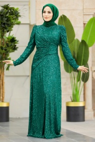 Neva Style - Green Muslim Long Sleeve Dress 39471Y - Thumbnail