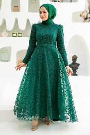 Neva Style - Green Turkish Hijab Wedding Dress 22510Y - Thumbnail