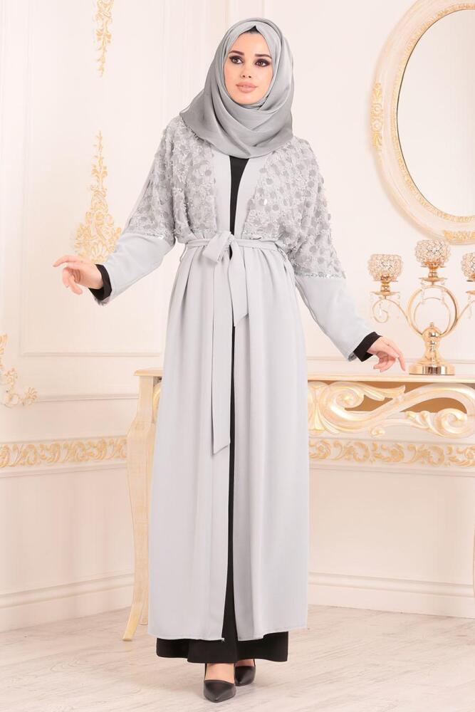Pul İşlemeli Gri Tesettür Abaya 9569GR - 1