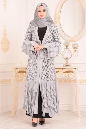 Pul Payetli Gri Tesettür Abaya 9581GR - 1