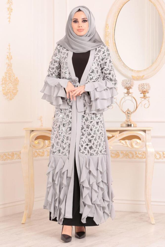 Pul Payetli Gri Tesettür Abaya 9581GR - 1