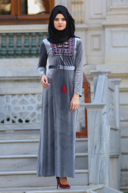 Neva Style - Grey Hijab Dress 13757GR - Thumbnail