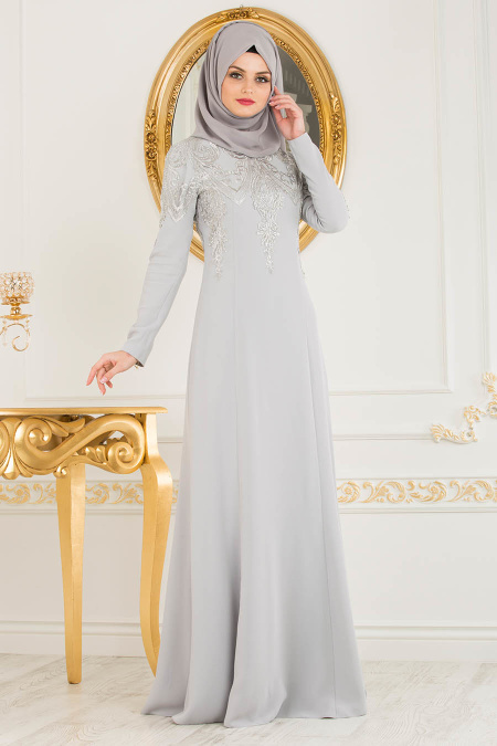 Neva Style - Stylish Grey Islamic Clothing Prom Dress 20130GR