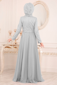 Dantel Detaylı Gri Tesettür Abiye Elbise 20620GR - Thumbnail