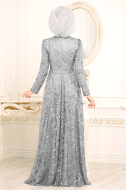 Pul & Sim Detaylı Gri Tesettür Abiye Elbise 2079GR - Thumbnail