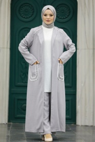 Neva Style - Grey Hijab For Women Kimono Triple Suit 80101GR - Thumbnail