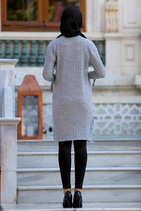 Kolları Bağcıklı Gri Tesettür Triko Tunik 15109GR - 2
