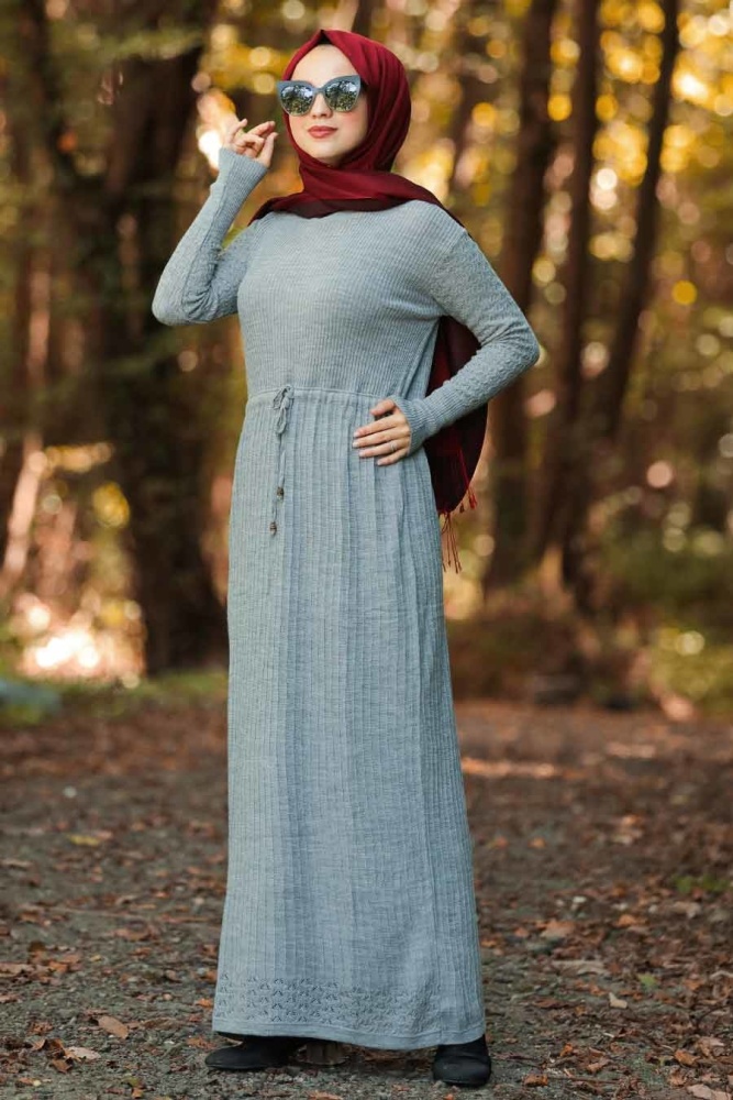 Neva Style - Grey Hijab Knitwear Dress 10176GR - 1