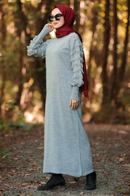 Neva Style - Grey Hijab Knitwear Dress 1020GR - Thumbnail