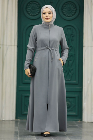 Grey Hijab Turkish Abaya 60125GR - 3