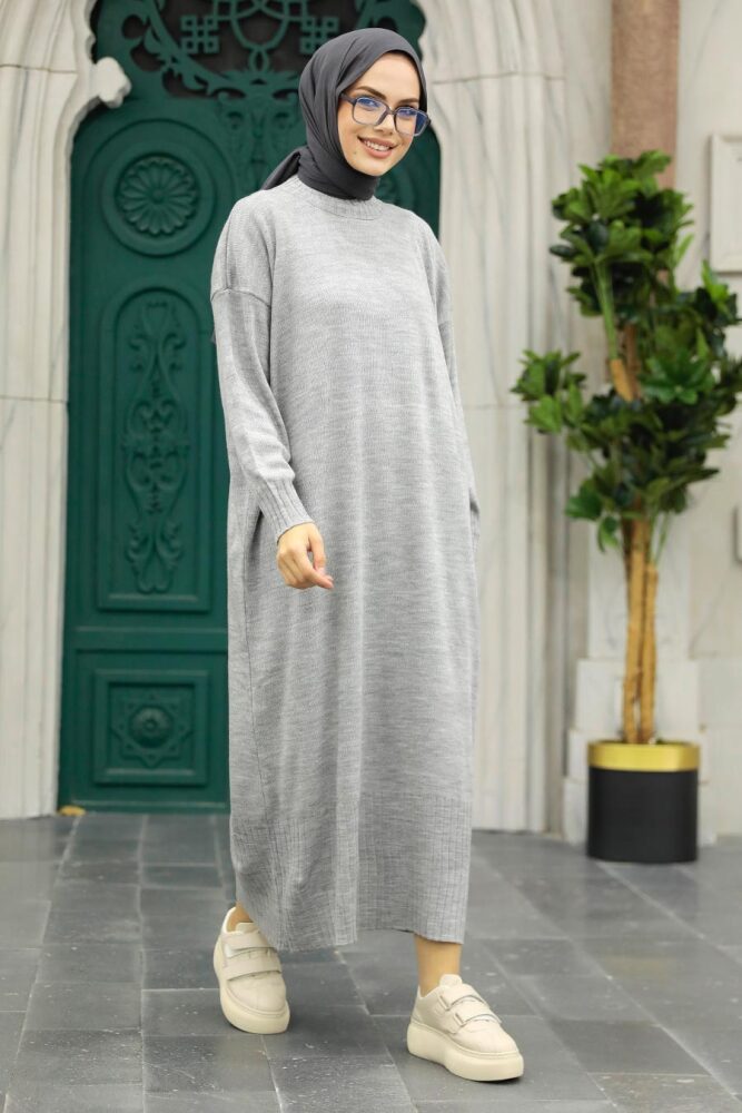 Neva Style - Grey Long Dress for Muslim Ladies Knitwear Dress 3409GR - 1