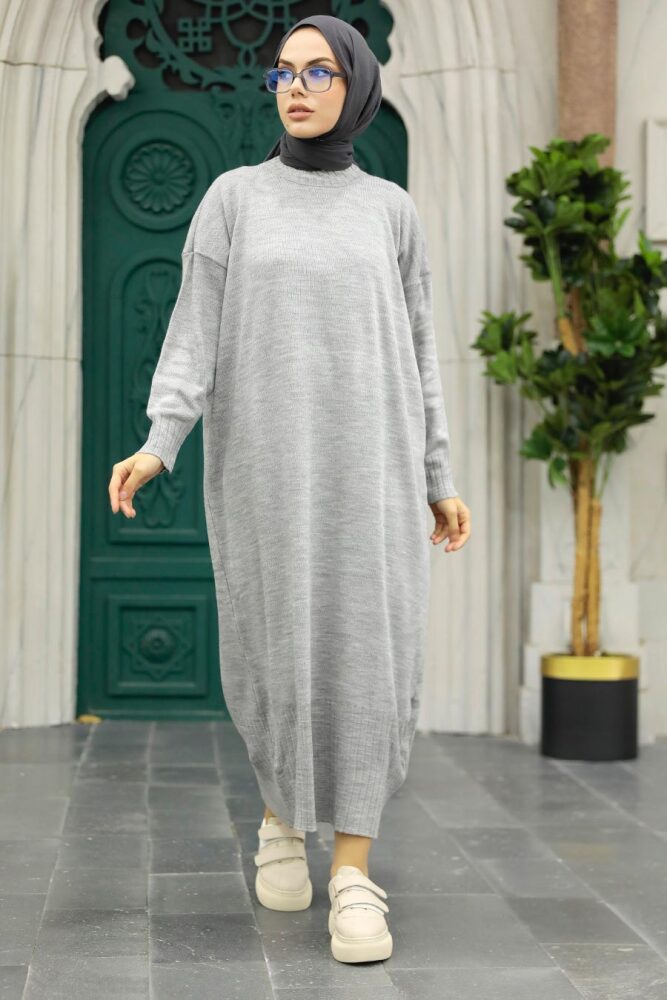 Neva Style - Grey Long Dress for Muslim Ladies Knitwear Dress 3409GR - 2