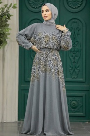 Neva Style - Grey Muslim Long Dress Style 39821GR - Thumbnail