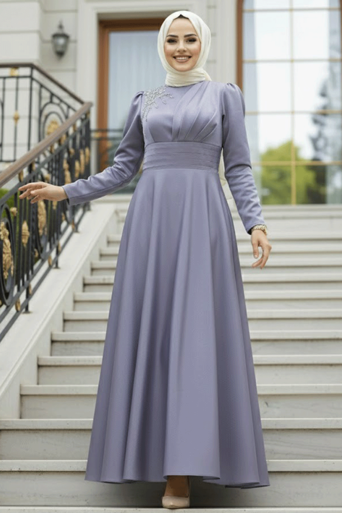 Neva Style - Grey Turkish Hijab Evening Dress 22301GR - 1