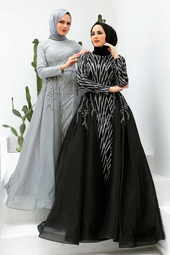 Neva Style - Grey Turkish Hijab Evening Dress 950GR - 3