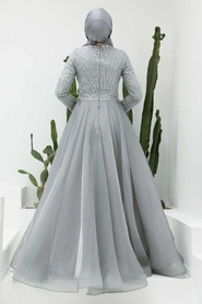 Neva Style - Grey Turkish Hijab Evening Dress 950GR - Thumbnail