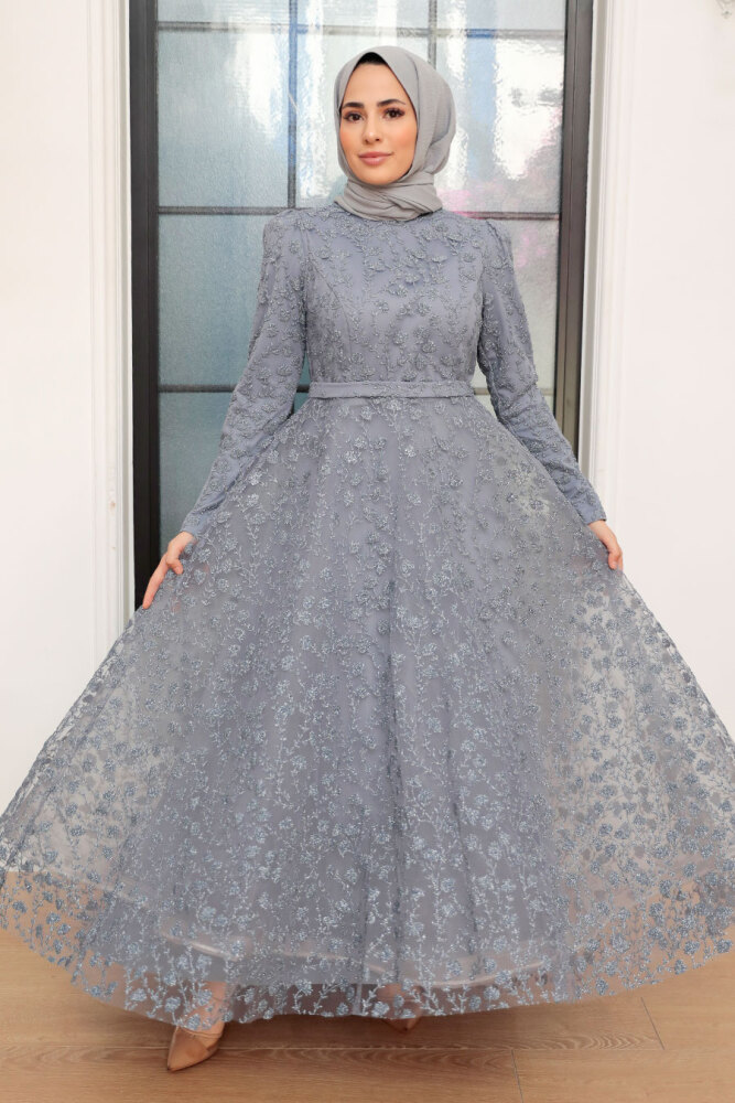 Neva Style - Grey Turkish Hijab Wedding Dress 22510GR - 2