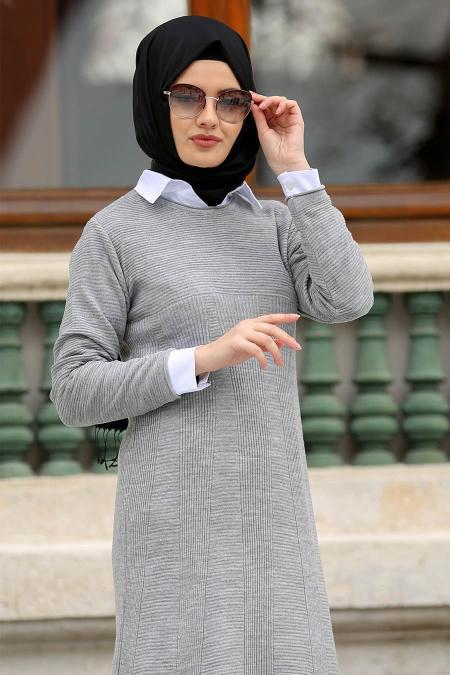 Neva Style - Gri Tesettür Triko Elbise 2561GR - 2