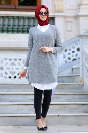 Neva Style - Gri Tesettür Triko Tunik 40030GR - 1