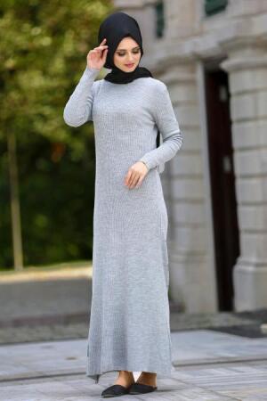 Neva Style - Gri Triko Tesettür Elbise 15120GR - 1