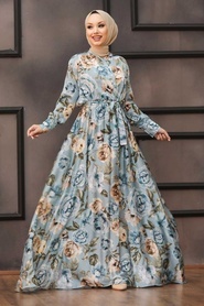 Neva Style - Gül Desenli Bebek Mavisi Kobe Saten Elbise 53494BM - Thumbnail