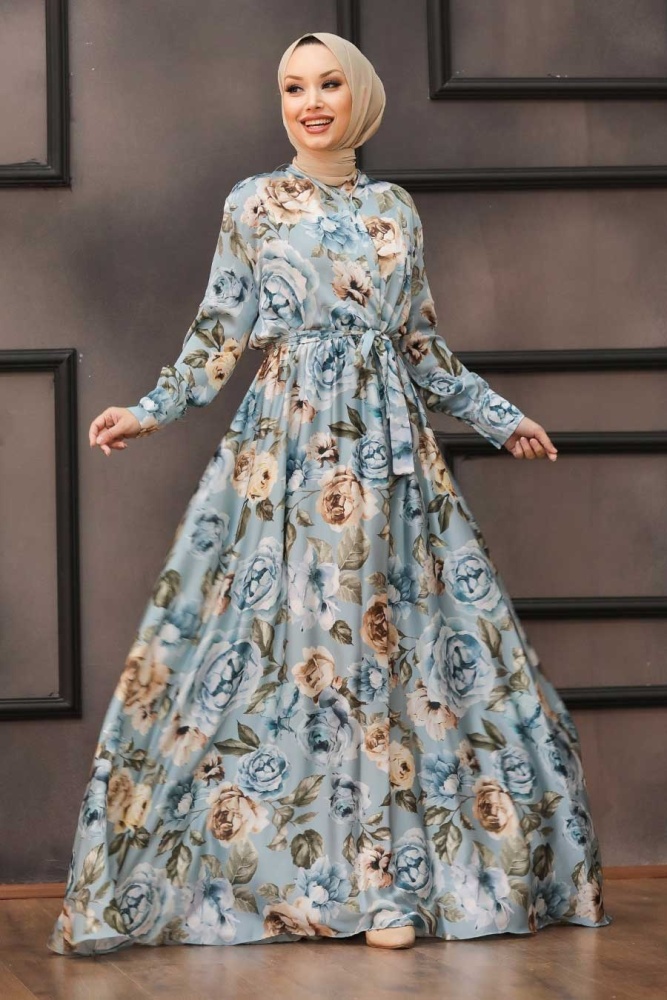 Neva Style - Gül Desenli Bebek Mavisi Kobe Saten Elbise 53494BM - 1