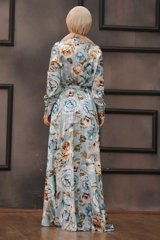 Neva Style - Gül Desenli Bebek Mavisi Kobe Saten Elbise 53494BM - 2