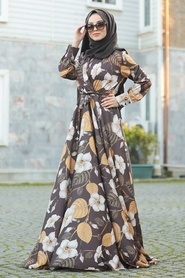 Neva Style - Gül Desenli Kahverengi Tesettür Elbise 14360KH - Thumbnail