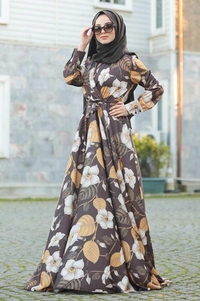 Neva Style - Gül Desenli Kahverengi Tesettür Elbise 14360KH - 1