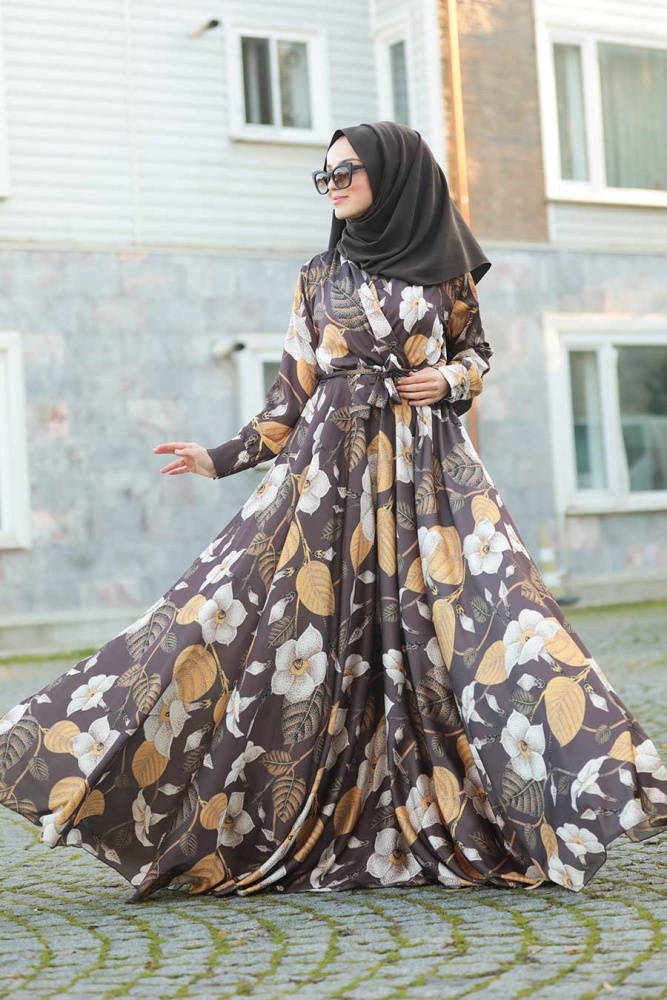 Neva Style - Gül Desenli Kahverengi Tesettür Elbise 14360KH - 2