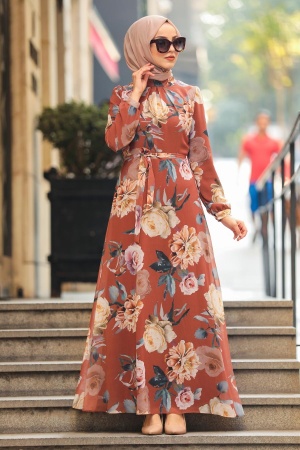  Gül Desenli Taba Tesettür Elbise 81543TB - 1