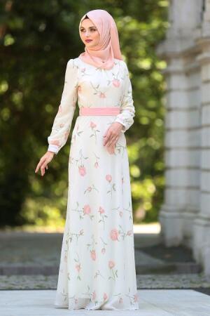 Neva Style - Gül Desenli Ekru Tesettür Elbise 76933E - 1